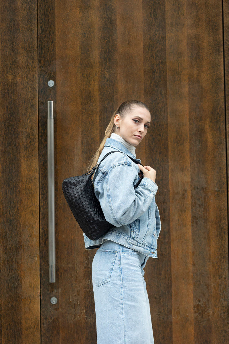 RHEA HANDWOVEN BLACK SHOULDER BAG