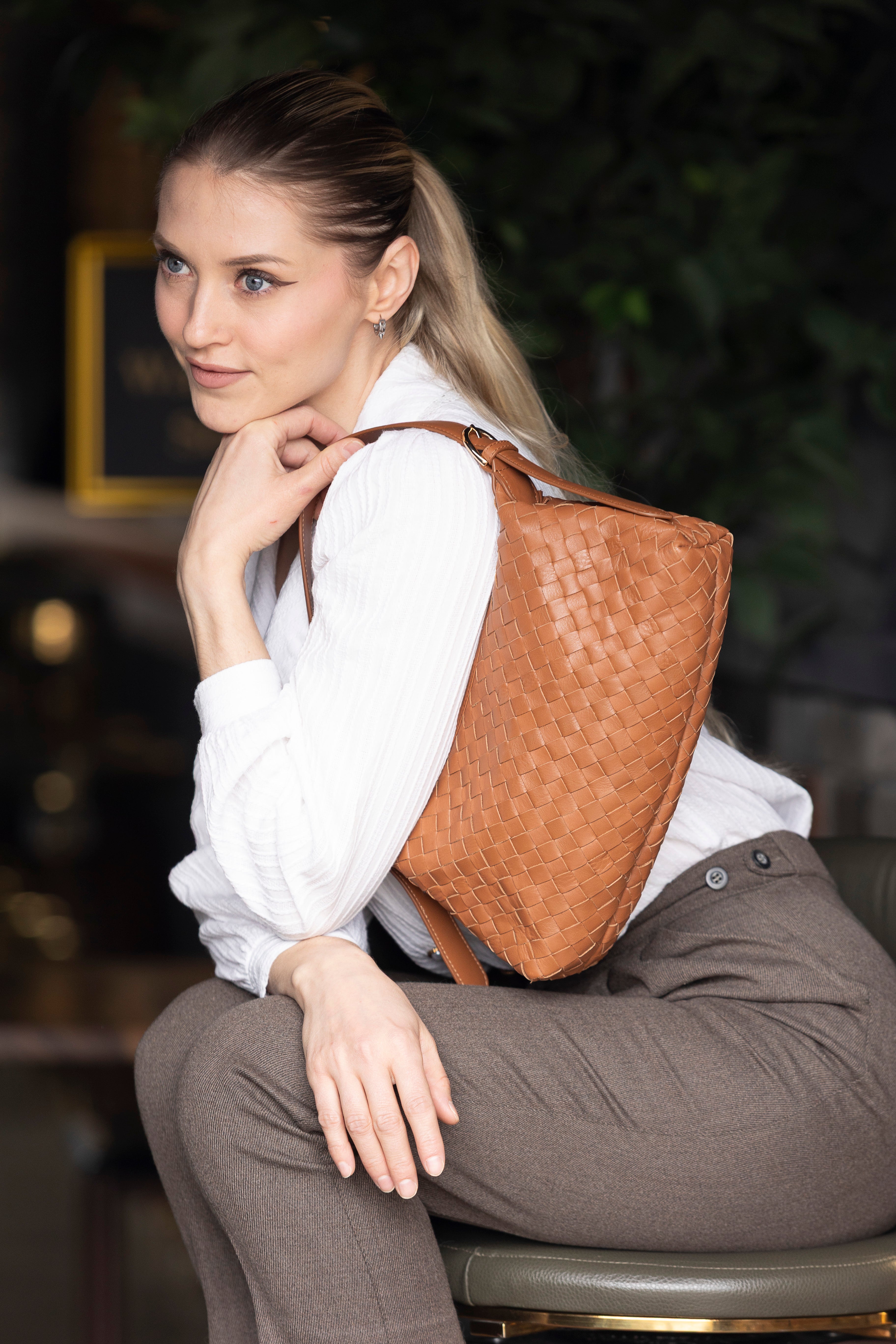 RHEA HANDWOVEN TAN SHOULDER BAG