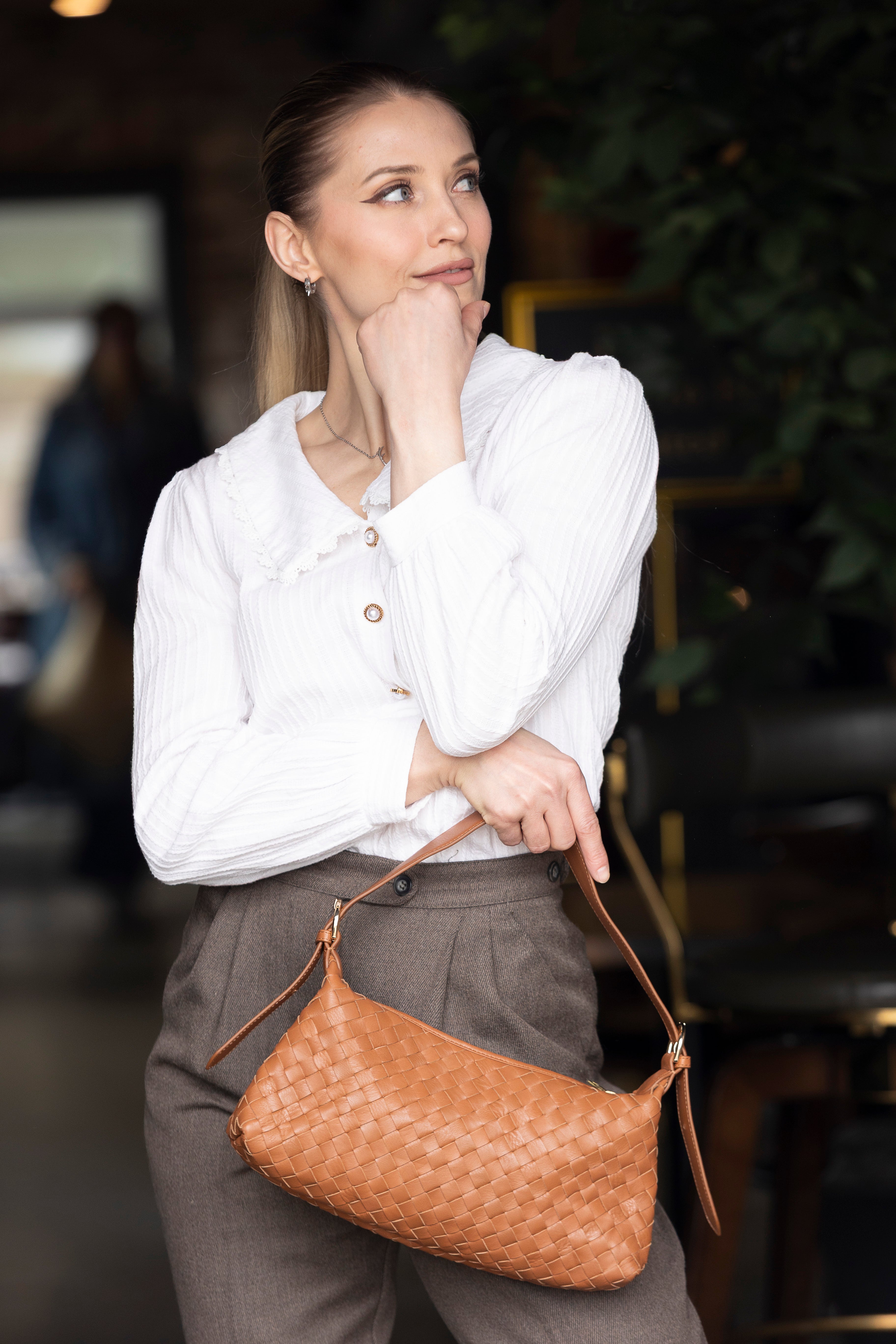 RHEA HANDWOVEN TAN SHOULDER BAG